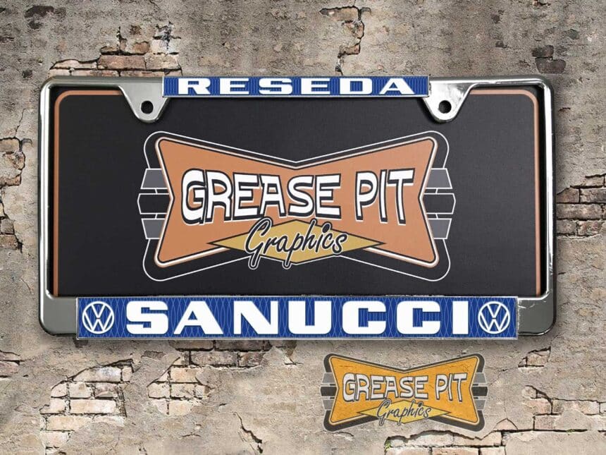 A newly produced vintage style Sanucci VW Volkswagen reproduction dealership license plate frame for your Hot Rod, Vintage Classic car, or Muscle car.