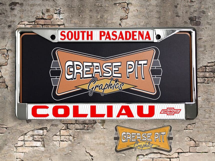 A vintage style reproduction dealership license plate frame for the Colliau Chevrolet dealership of South Pasadena, California. This reproduction dealership license plate frame will look great bolted on to your Classic Chevy whether it’s a Cruiser, a Hot Rod or a Muscle Car.