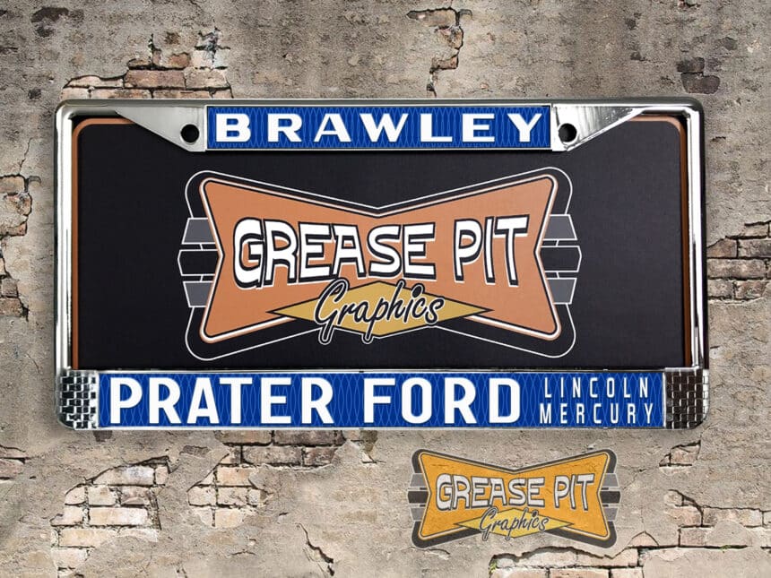 A newly produced vintage style Prater Ford Lincoln Mercury reproduction dealership license plate frame for your Hot Rod, Vintage Classic car, or Muscle car.
