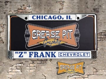 A vintage style reproduction dealership license plate frame for the Z Frank Chevrolet dealership of Levittown. This reproduction dealership license plate frame will look great bolted on to your Classic Chevy whether it’s a Cruiser, a Hot Rod or a Muscle Car.