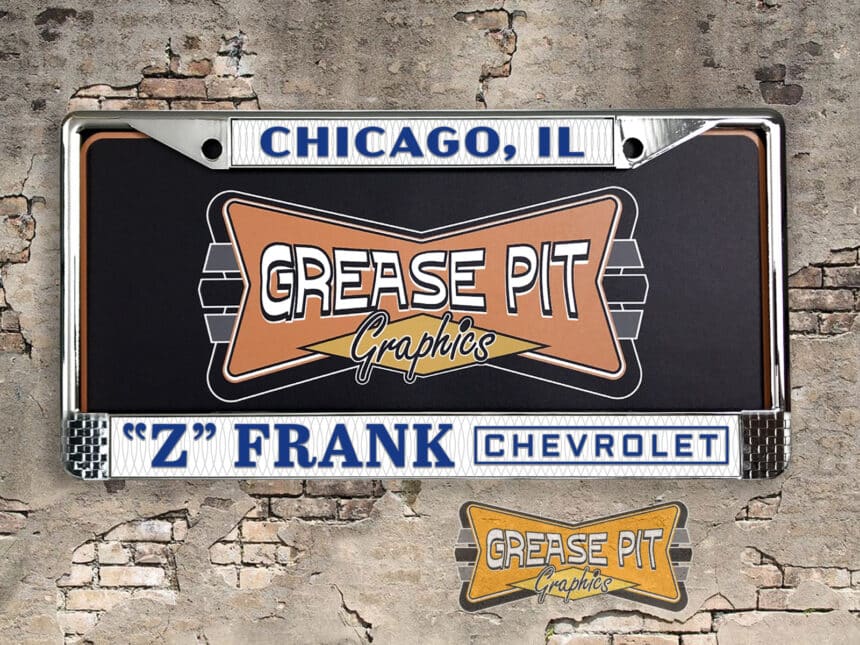 A vintage style reproduction dealership license plate frame for the Z Frank Chevrolet dealership of Levittown. This reproduction dealership license plate frame will look great bolted on to your Classic Chevy whether it’s a Cruiser, a Hot Rod or a Muscle Car.