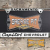 A vintage style reproduction dealership license plate frame for the Capitol Chevrolet dealership of Sacramento. This reproduction dealership license plate frame will look great bolted on to your Classic Chevy whether it’s a Cruiser, a Hot Rod or a Muscle Car.