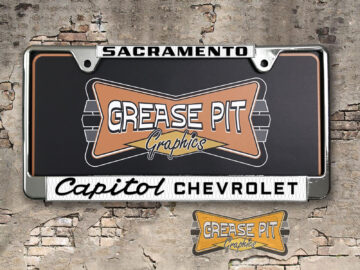 A vintage style reproduction dealership license plate frame for the Capitol Chevrolet dealership of Sacramento. This reproduction dealership license plate frame will look great bolted on to your Classic Chevy whether it’s a Cruiser, a Hot Rod or a Muscle Car.