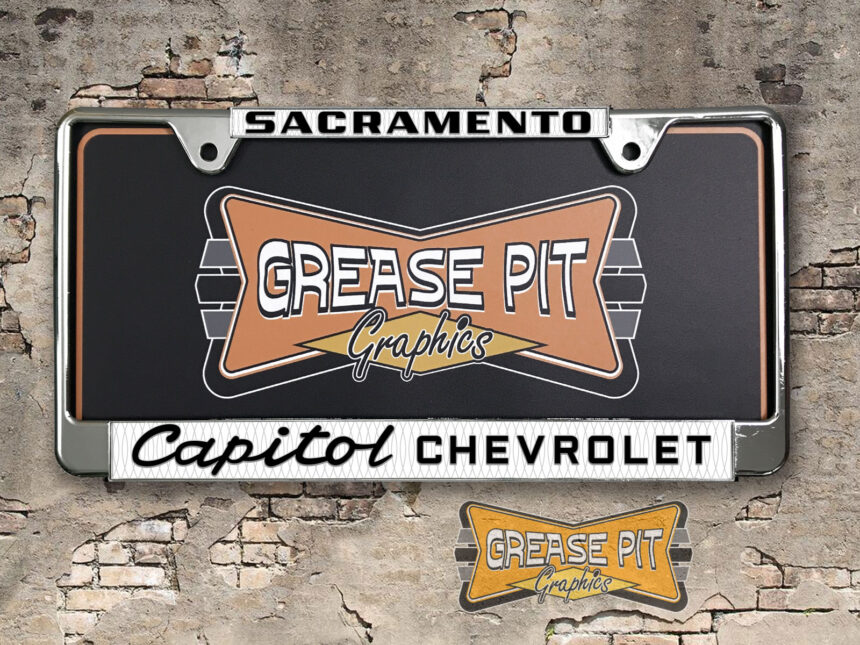 A vintage style reproduction dealership license plate frame for the Capitol Chevrolet dealership of Sacramento. This reproduction dealership license plate frame will look great bolted on to your Classic Chevy whether it’s a Cruiser, a Hot Rod or a Muscle Car.