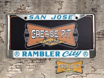 A vintage style reproduction dealership license plate frame for the Rambler City dealership of San Jose. This reproduction dealership license plate frame will look great bolted on to your classic Rambler whether it’s a Cruiser or a Hot Rod.