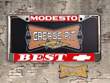 A vintage style reproduction dealership license plate frame for the Best Chevrolet dealership of Modesto. This reproduction dealership license plate frame will look great bolted on to your Classic Chevy whether it’s a Cruiser, a Hot Rod or a Muscle Car.