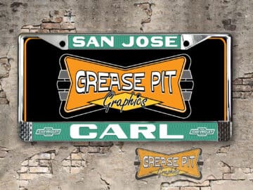 A vintage style reproduction dealership license plate frame for the Carl Chevrolet dealership of San Jose. This reproduction dealership license plate frame will look great bolted on to your Classic Chevy whether it’s a Cruiser, a Hot Rod or a Muscle Car.