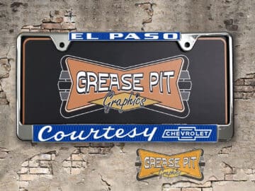 A vintage style reproduction dealership license plate frame for the Courtesy Chevrolet dealership of El Paso, Texas . This reproduction dealership license plate frame will look great bolted on to your Classic Chevy whether it’s a Cruiser, a Hot Rod or a Muscle Car.