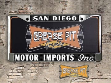 A vintage style reproduction dealership license plate frame for the Motor Imports Inc VW Volkswagen dealership of San Diego, California. This reproduction dealership license plate frame will look great bolted on to your Classic Volkswagen whether it’s a Cruiser, a Hot Rod or a Muscle Car.