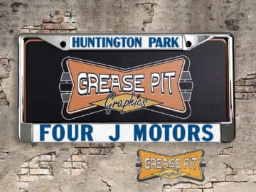 A newly produced vintage style Four J Motors Volkswagen VW Huntington Park California reproduction dealership license plate frame for your Hot Rod, Vintage Classic car, or Muscle car.