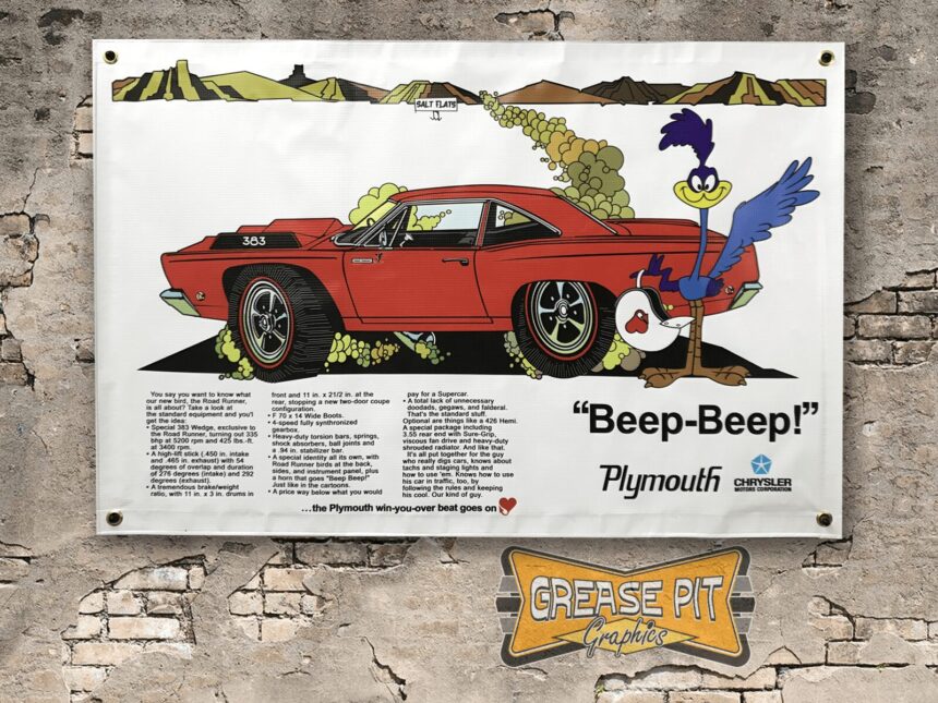 Plymouth Road Runner Beep-Beep Salt Flats Ad 3x2 Garage Shop Banner
