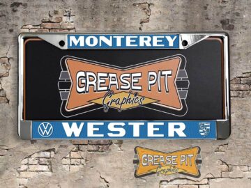 A newly produced vintage style Wester VW Volkswagen Monterey reproduction dealership license plate frame for your Hot Rod, Vintage Classic car, or Muscle car.