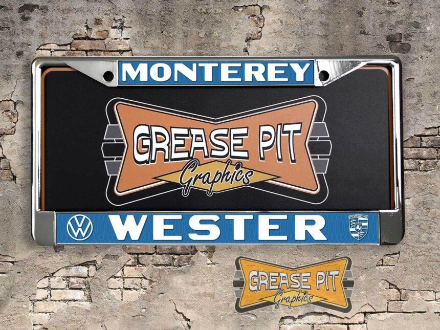 A newly produced vintage style Wester VW Volkswagen Monterey reproduction dealership license plate frame for your Hot Rod, Vintage Classic car, or Muscle car.